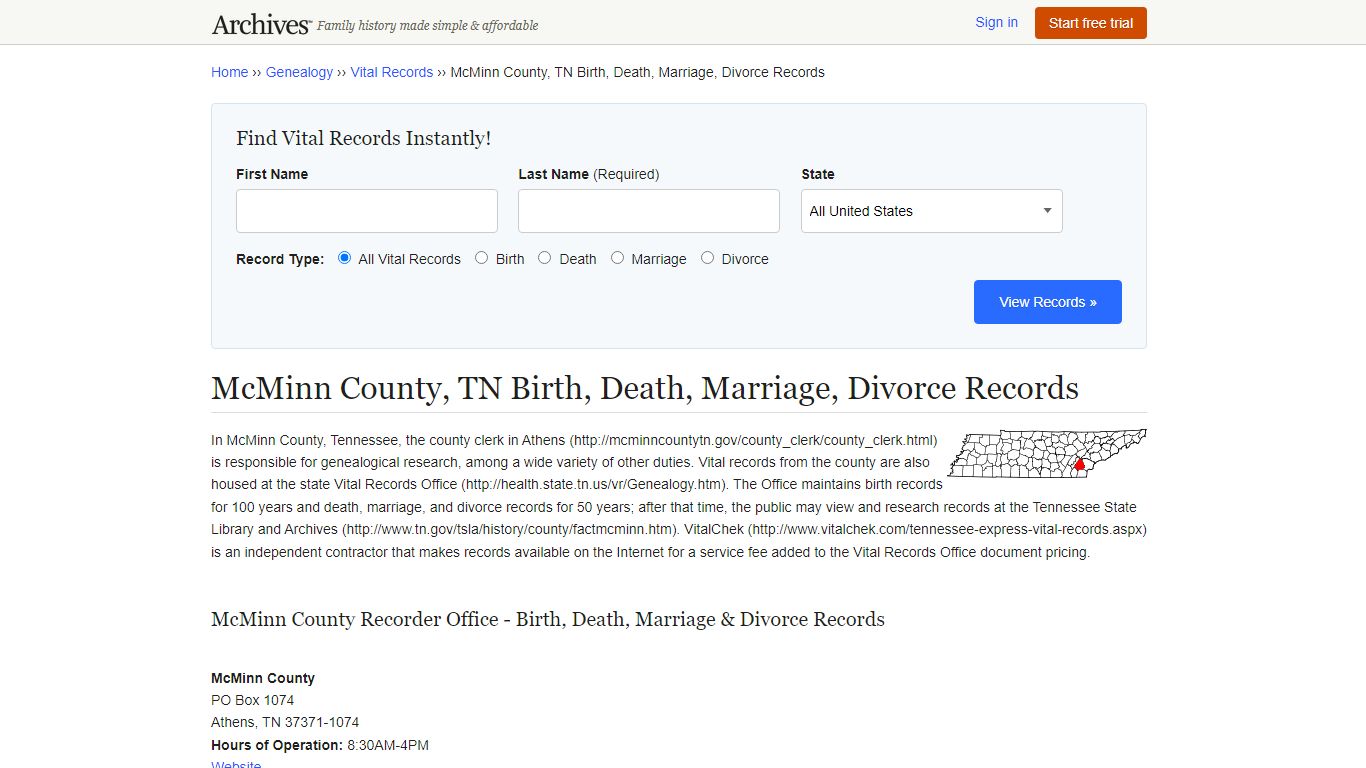 McMinn County, TN Birth, Death, Marriage, Divorce Records - Archives.com